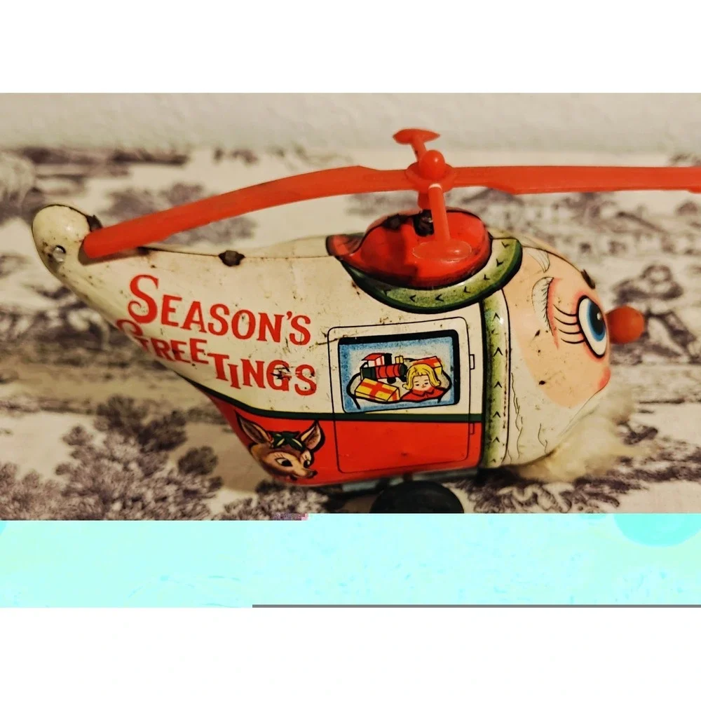 Vintage Yuletide Wind Up Santa Reindeer Christmas Copter Tin Toy Japan